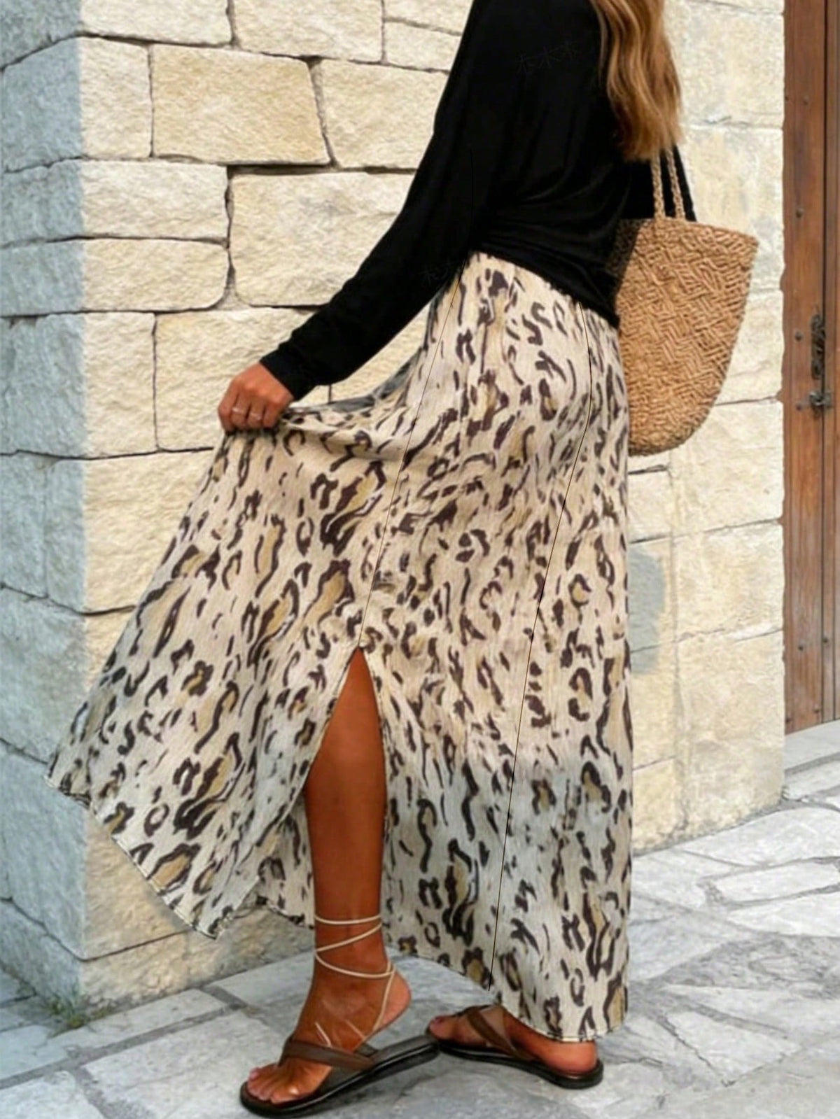 EMERY ROSE Women's Leopard Print Side Slit Hem Long Casual Skirt