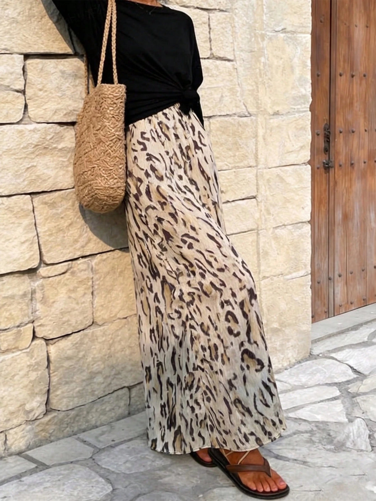 EMERY ROSE Women's Leopard Print Side Slit Hem Long Casual Skirt