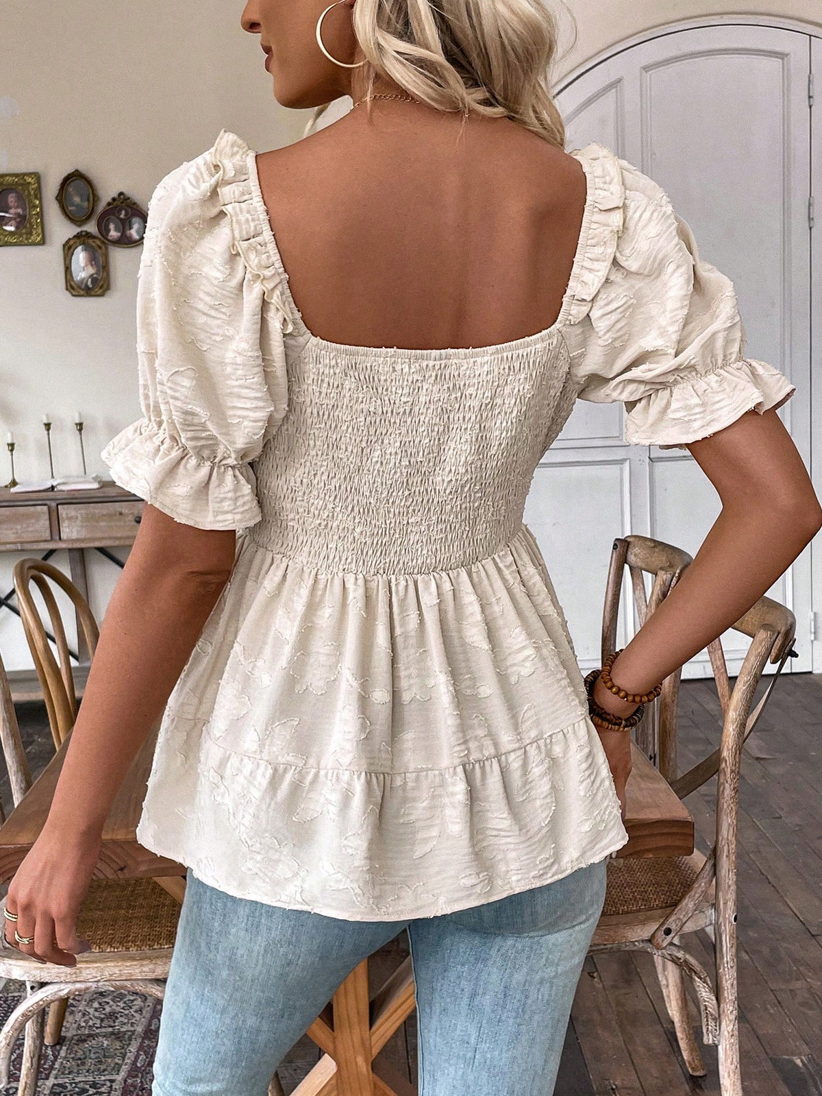 EMERY ROSE Women's Puff Sleeve Blouse With Cinching Waist Peplum Top