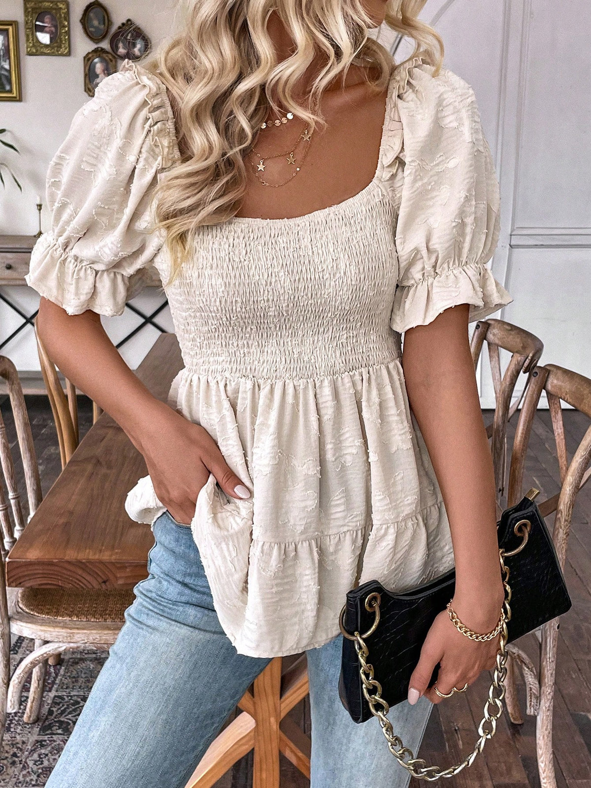 EMERY ROSE Women's Puff Sleeve Blouse With Cinching Waist Peplum Top