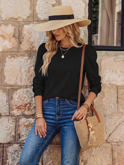 EMERY ROSE Women's Solid Color Minimalist Crew Neck Long Sleeve T-Shirt, Everyday Wear