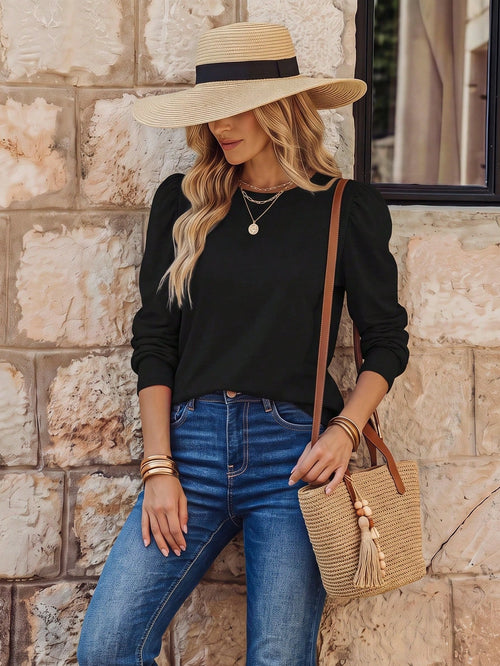 EMERY ROSE Women's Solid Color Minimalist Crew Neck Long Sleeve T-Shirt, Everyday Wear