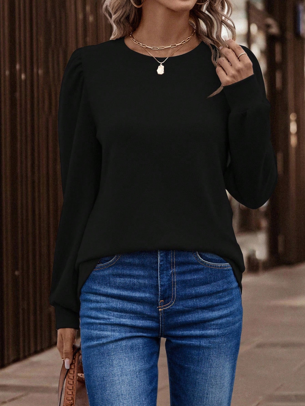 EMERY ROSE Women's Solid Color Minimalist Crew Neck Long Sleeve T-Shirt, Everyday Wear