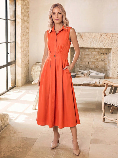 EMERY ROSE Women's Solid Color Minimalist Daily Wear Stand Collar Sleeveless A-Line Dress Maxi Women Outfit