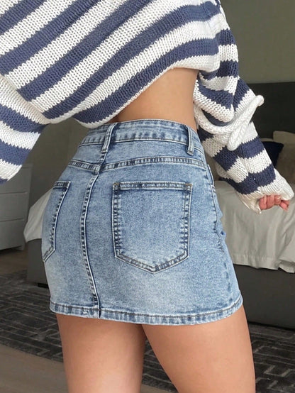 European And American Streetwear New Minimalist Casual High-Waisted Elastic Knee-Length Denim Skirt For Women Summer