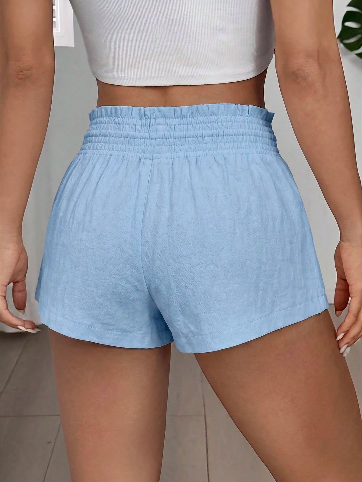 EZwear 2026 Summer Women's Casual Solid Light Blue Drawstring Waist Side Pocket Shorts