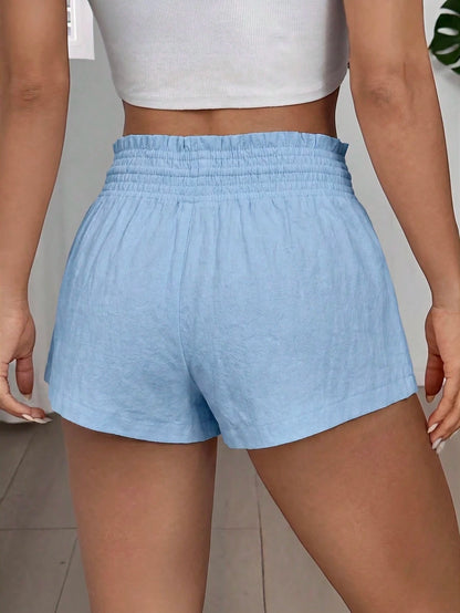 EZwear 2026 Summer Women's Casual Solid Light Blue Drawstring Waist Side Pocket Shorts