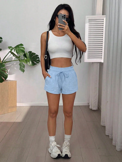 EZwear 2026 Summer Women's Casual Solid Light Blue Drawstring Waist Side Pocket Shorts