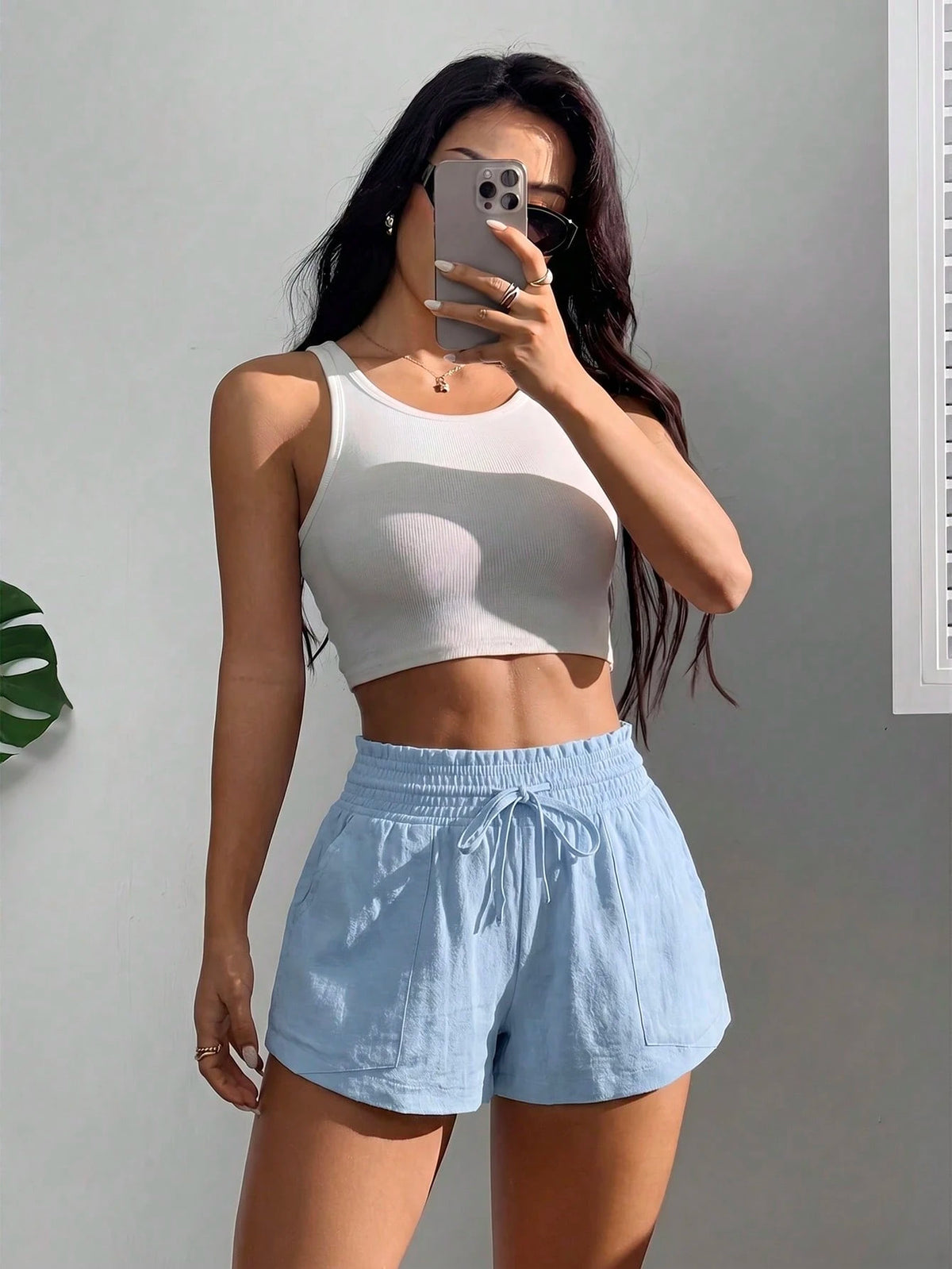 EZwear 2026 Summer Women's Casual Solid Light Blue Drawstring Waist Side Pocket Shorts