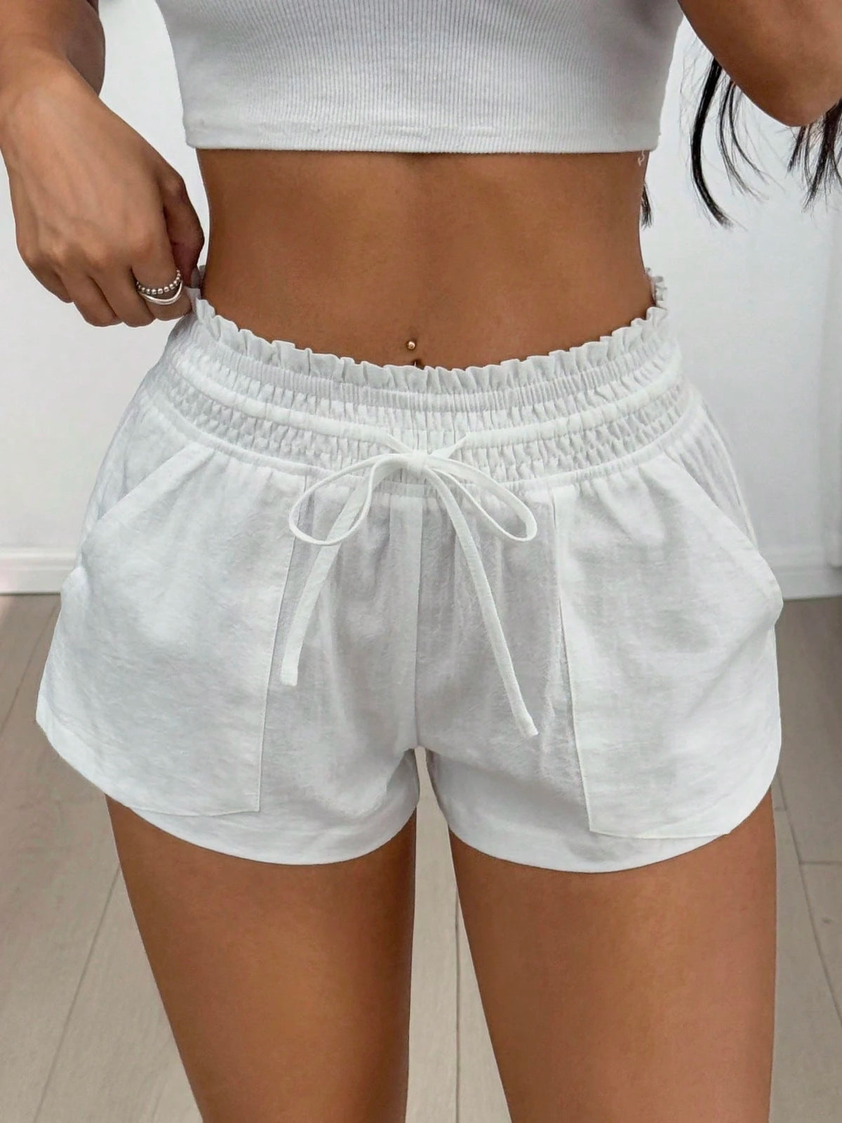 EZwear 2026 Summer Women's Casual Solid Light Blue Drawstring Waist Side Pocket Shorts