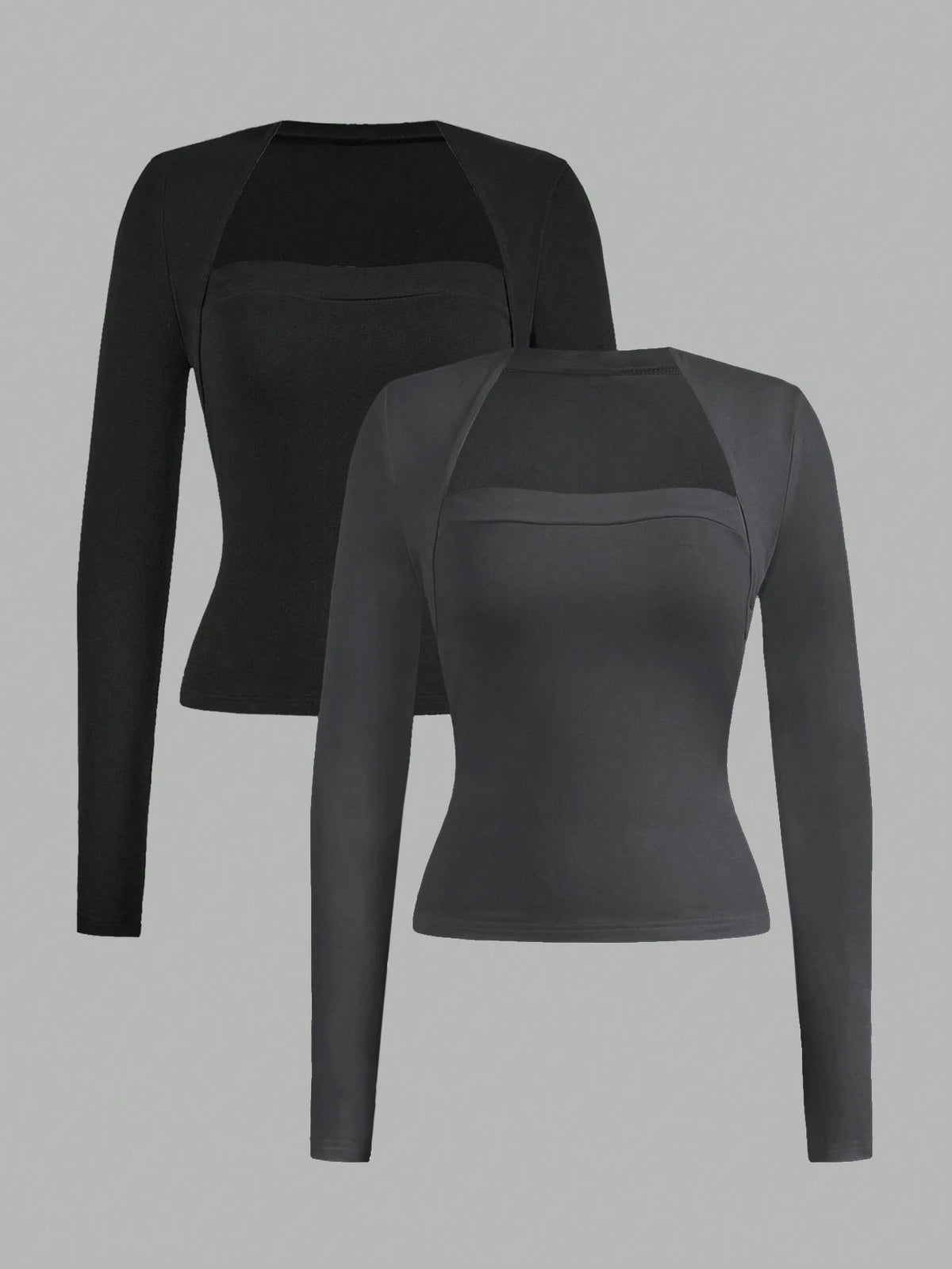 EZwear 2pcs Set Casual Minimalist Long Sleeve Plus Size T-Shirts, Black & Gray, Autumn/Winter Fall