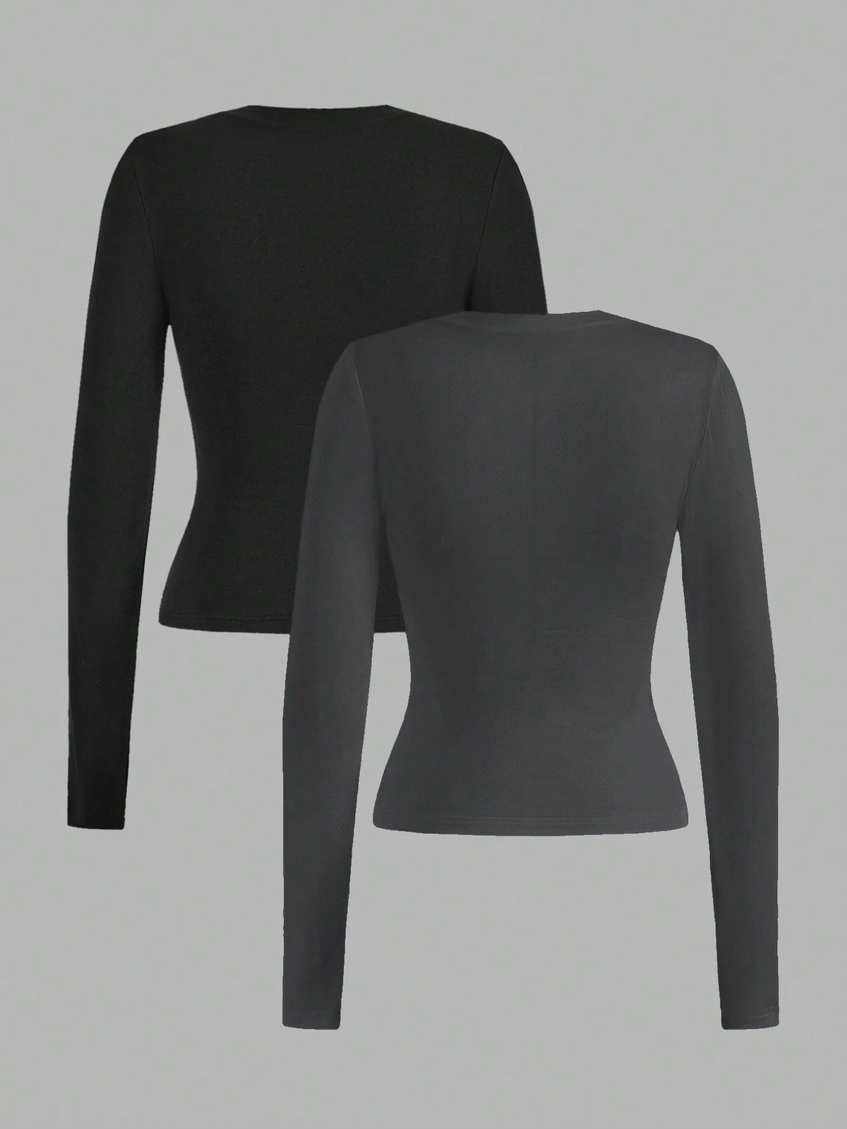 EZwear 2pcs Set Casual Minimalist Long Sleeve Plus Size T-Shirts, Black & Gray, Autumn/Winter Fall