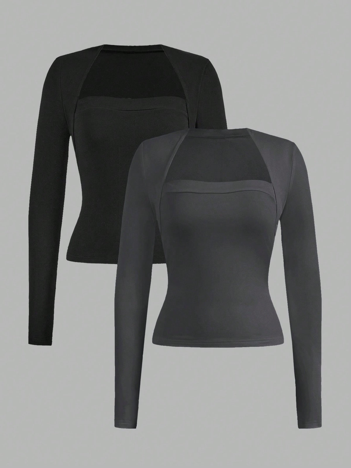 EZwear 2pcs Set Casual Minimalist Long Sleeve Plus Size T-Shirts, Black & Gray, Autumn/Winter Fall