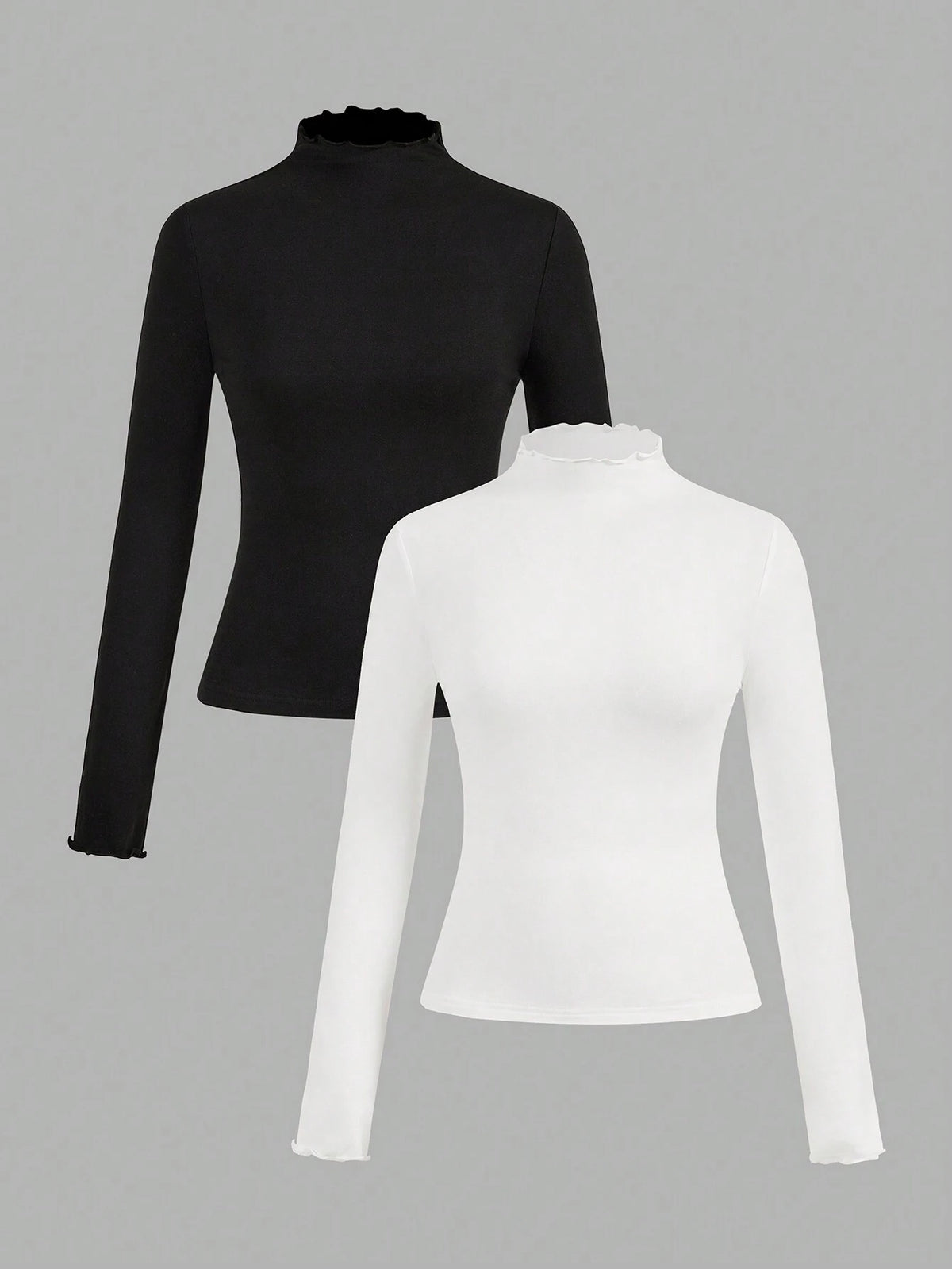 EZwear 2pcs/Set Casual Stand Collar Tight Solid Black & White Long Sleeve Base Layer T-Shirts, Versatile For Autumn/Winter
