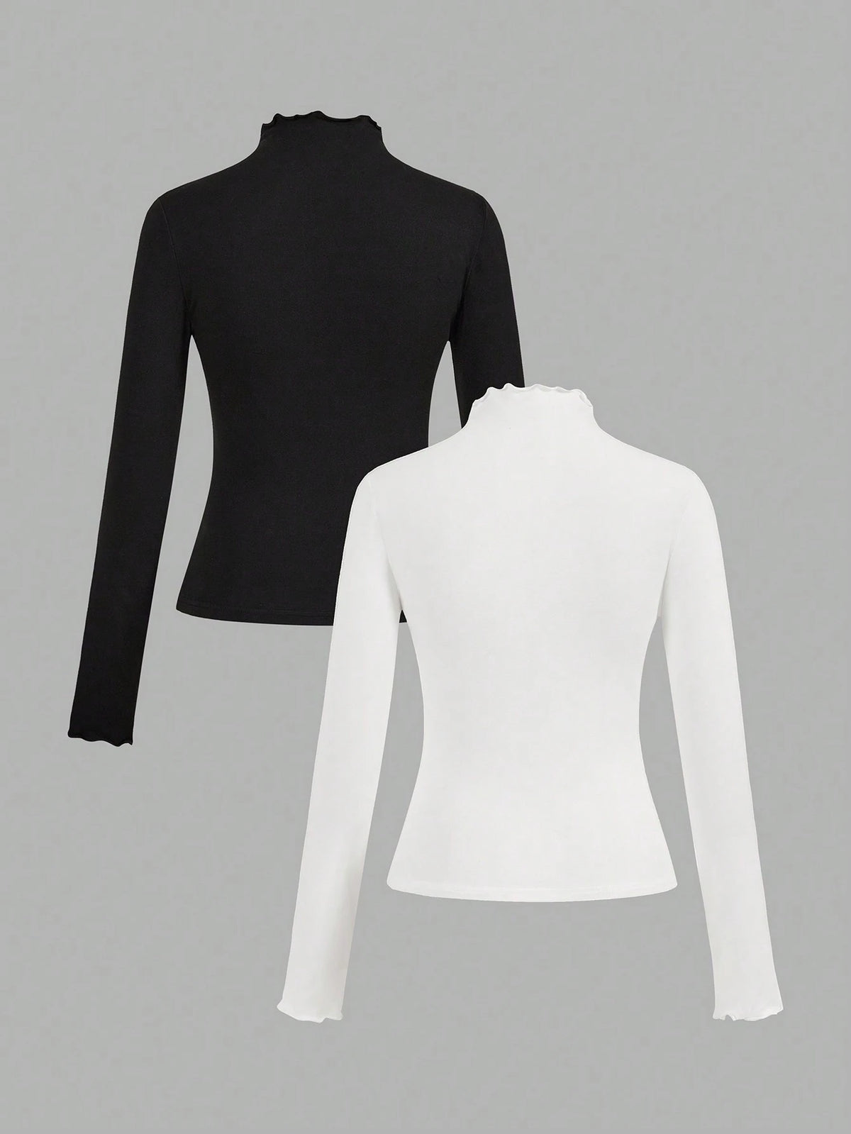 EZwear 2pcs/Set Casual Stand Collar Tight Solid Black & White Long Sleeve Base Layer T-Shirts, Versatile For Autumn/Winter