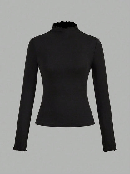 EZwear 2pcs/Set Casual Stand Collar Tight Solid Black & White Long Sleeve Base Layer T-Shirts, Versatile For Autumn/Winter