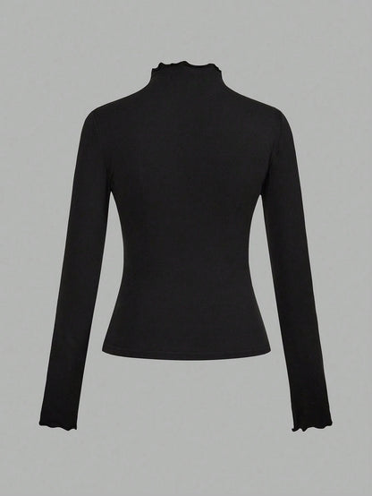 EZwear 2pcs/Set Casual Stand Collar Tight Solid Black & White Long Sleeve Base Layer T-Shirts, Versatile For Autumn/Winter