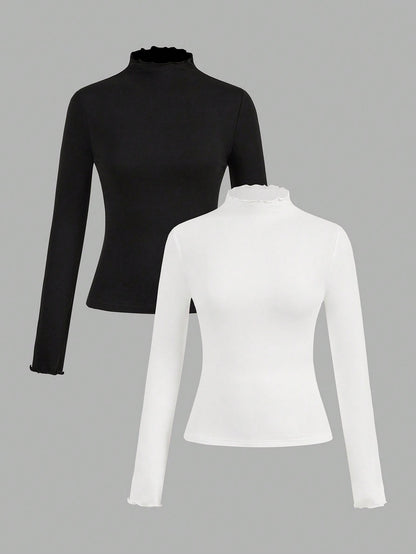 EZwear 2pcs/Set Casual Stand Collar Tight Solid Black & White Long Sleeve Base Layer T-Shirts, Versatile For Autumn/Winter