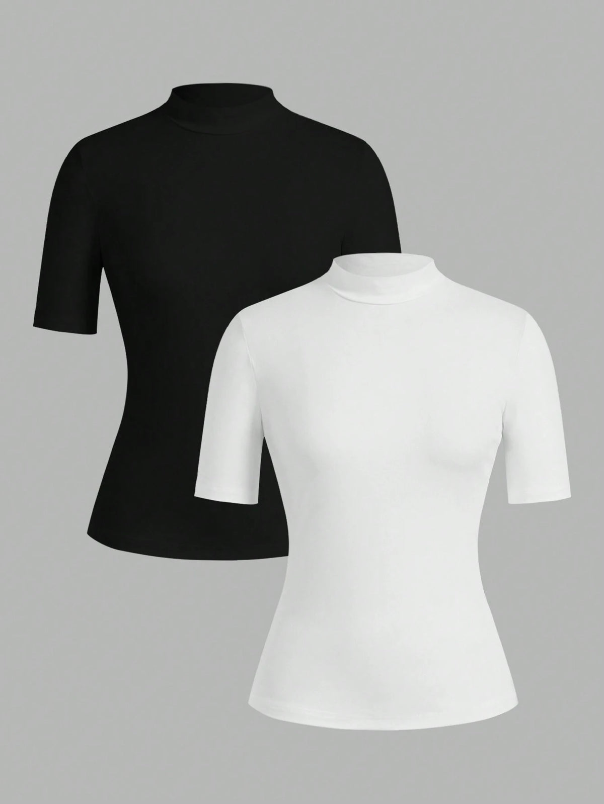 EZwear 2pcs/Set Women's Turtleneck Form-Fitting Long Half Sleeve Base Layer T-Shirt Set Suitable For Autumn Transition Going Out Holiday Black White Basic