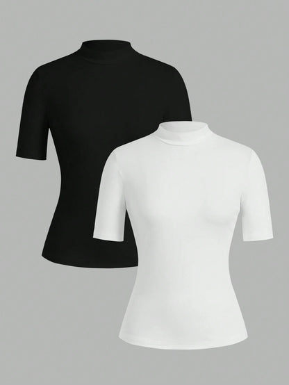 EZwear 2pcs/Set Women's Turtleneck Form-Fitting Long Half Sleeve Base Layer T-Shirt Set Suitable For Autumn Transition Going Out Holiday Black White Basic