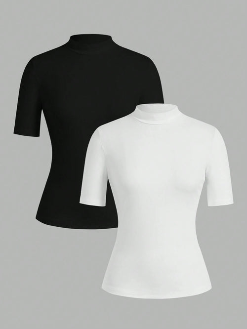 EZwear 2pcs/Set Women's Turtleneck Form-Fitting Long Half Sleeve Base Layer T-Shirt Set Suitable For Autumn Transition Going Out Holiday Black White Basic