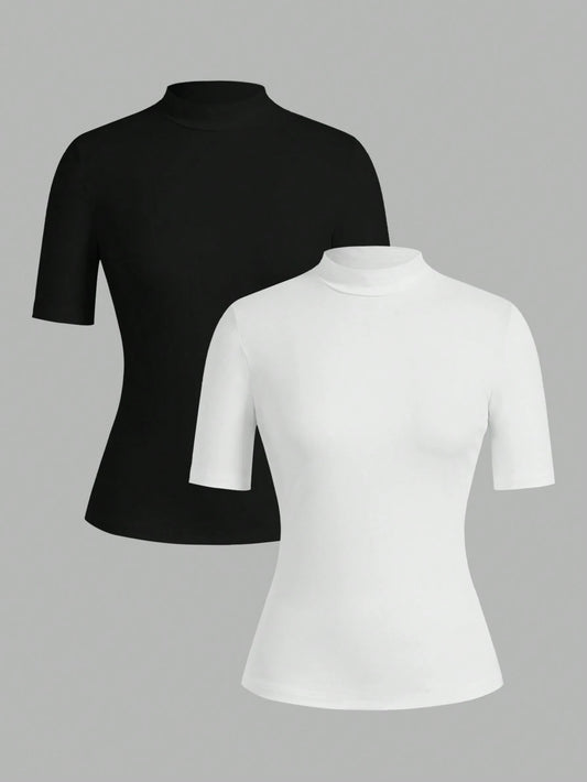 EZwear 2pcs/Set Women's Turtleneck Form-Fitting Long Half Sleeve Base Layer T-Shirt Set Suitable For Autumn Transition Going Out Holiday Black White Basic