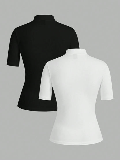 EZwear 2pcs/Set Women's Turtleneck Form-Fitting Long Half Sleeve Base Layer T-Shirt Set Suitable For Autumn Transition Going Out Holiday Black White Basic