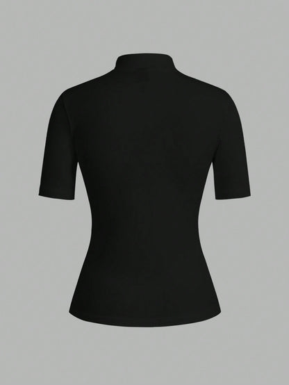 EZwear 2pcs/Set Women's Turtleneck Form-Fitting Long Half Sleeve Base Layer T-Shirt Set Suitable For Autumn Transition Going Out Holiday Black White Basic