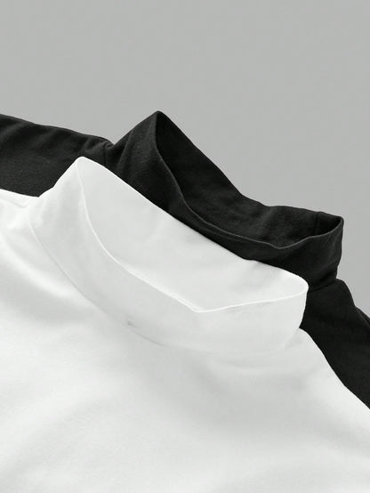 EZwear 2pcs/Set Women's Turtleneck Form-Fitting Long Half Sleeve Base Layer T-Shirt Set Suitable For Autumn Transition Going Out Holiday Black White Basic