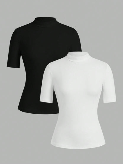 EZwear 2pcs/Set Women's Turtleneck Form-Fitting Long Half Sleeve Base Layer T-Shirt Set Suitable For Autumn Transition Going Out Holiday Black White Basic