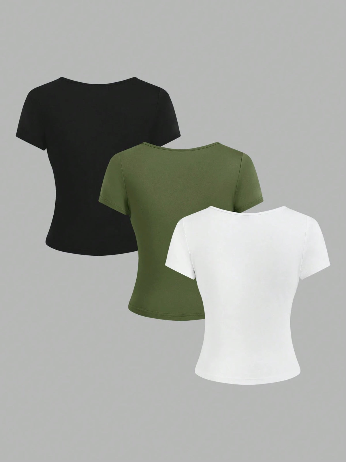 EZwear 3pcs/Set Women's Solid Color Notch Neck Ruched T-Shirts, Minimalist & Fashionable For Summer