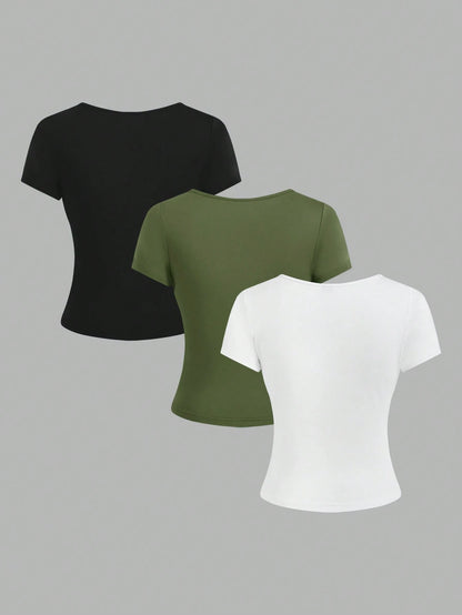 EZwear 3pcs/Set Women's Solid Color Notch Neck Ruched T-Shirts, Minimalist & Fashionable For Summer