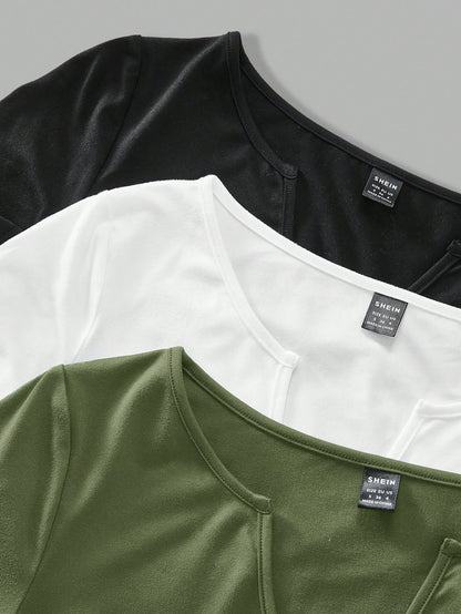 EZwear 3pcs/Set Women's Solid Color Notch Neck Ruched T-Shirts, Minimalist & Fashionable For Summer