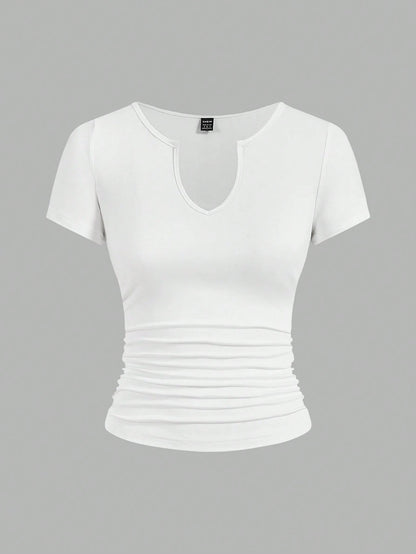 EZwear 3pcs/Set Women's Solid Color Notch Neck Ruched T-Shirts, Minimalist & Fashionable For Summer