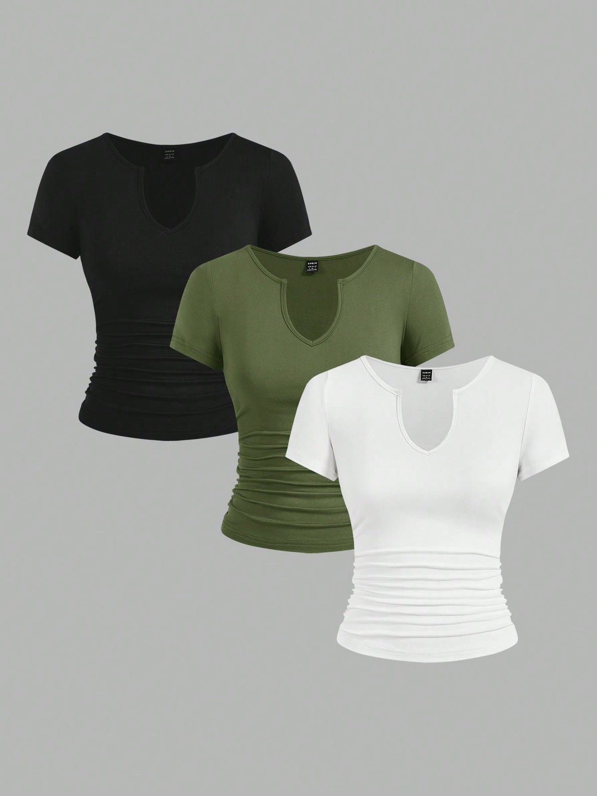 EZwear 3pcs/Set Women's Solid Color Notch Neck Ruched T-Shirts, Minimalist & Fashionable For Summer