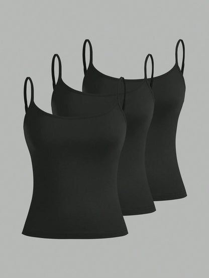 EZwear 3pcs Women's Camisole Cropped Tank Top, Fitted And Sexy, Suitable For Summer 3 Packs Black Tank Tops Back To School