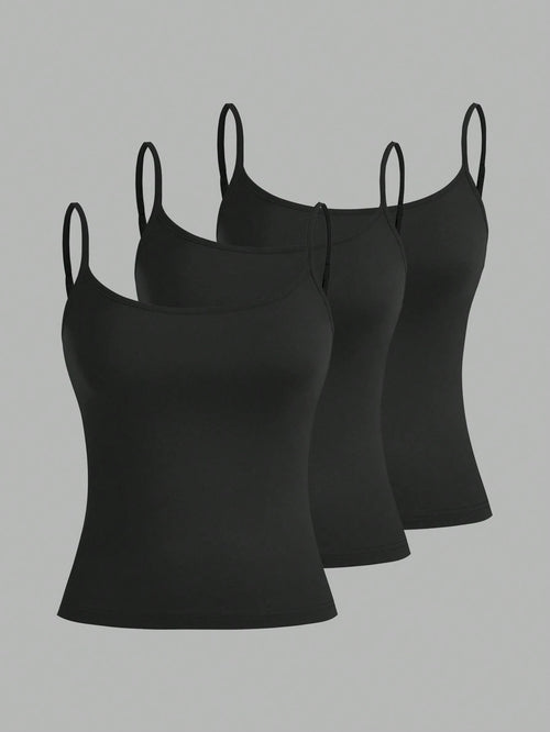 EZwear 3pcs Women's Camisole Cropped Tank Top, Fitted And Sexy, Suitable For Summer 3 Packs Black Tank Tops Back To School