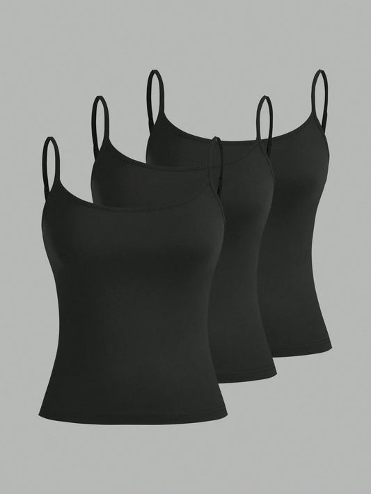 EZwear 3pcs Women's Camisole Cropped Tank Top, Fitted And Sexy, Suitable For Summer 3 Packs Black Tank Tops Back To School