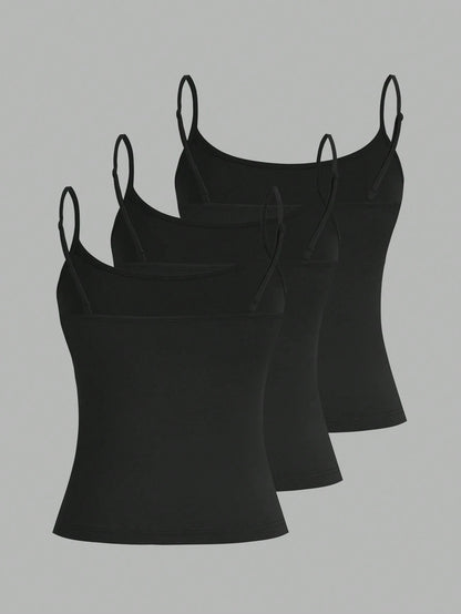 EZwear 3pcs Women's Camisole Cropped Tank Top, Fitted And Sexy, Suitable For Summer 3 Packs Black Tank Tops Back To School