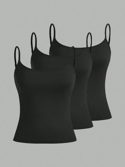 EZwear 3pcs Women's Camisole Cropped Tank Top, Fitted And Sexy, Suitable For Summer 3 Packs Black Tank Tops Back To School