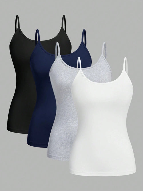 EZwear 4pcs Pack Casual Minimalist Camisole Tight Fitting Cami Top For Women, Suitable For Summer Back To School