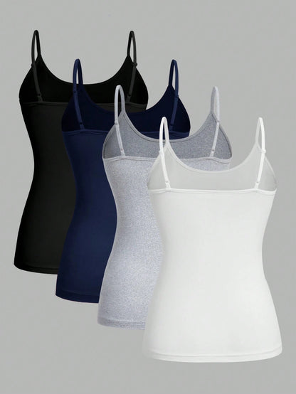 EZwear 4pcs Pack Casual Minimalist Camisole Tight Fitting Cami Top For Women, Suitable For Summer Back To School
