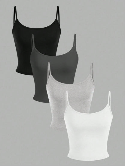 EZwear 4pcs Women's Black, White, Grey Cropped Tight Fit Casual Camisole Tank Tops, Suitable For Summer Back To School