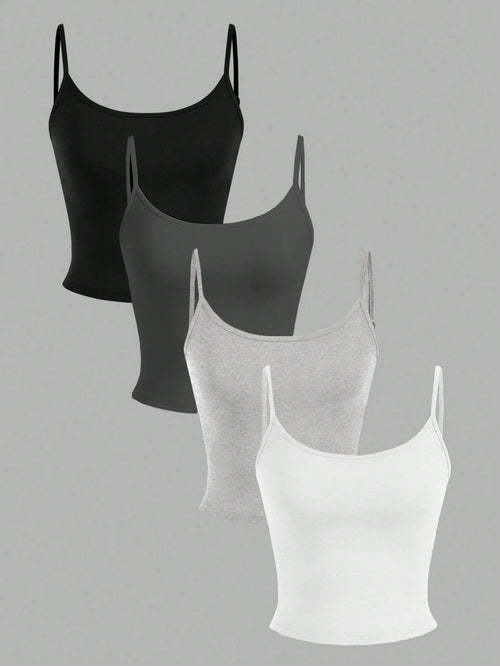 EZwear 4pcs Women's Black, White, Grey Cropped Tight Fit Casual Camisole Tank Tops, Suitable For Summer Back To School