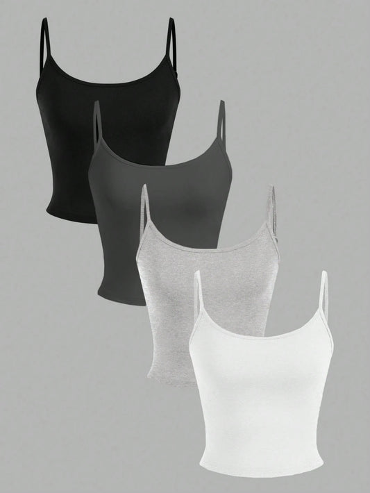 EZwear 4pcs Women's Black, White, Grey Cropped Tight Fit Casual Camisole Tank Tops, Suitable For Summer Back To School