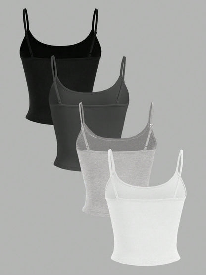 EZwear 4pcs Women's Black, White, Grey Cropped Tight Fit Casual Camisole Tank Tops, Suitable For Summer Back To School