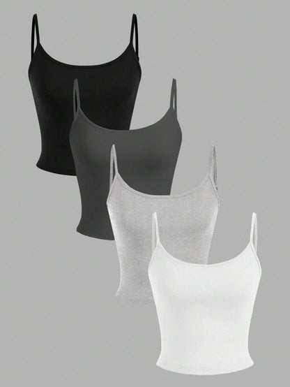 EZwear 4pcs Women's Black, White, Grey Cropped Tight Fit Casual Camisole Tank Tops, Suitable For Summer Back To School