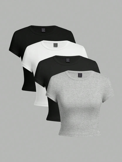 EZwear 4pcs Women's Crew Neck Short Sleeve Tight Fit T-Shirts,Black And White Floral Print Grey Multipack,Summer Casual Everyday Basic Fitted Tops