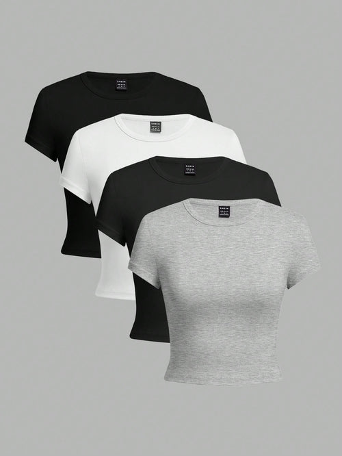 EZwear 4pcs Women's Crew Neck Short Sleeve Tight Fit T-Shirts,Black And White Floral Print Grey Multipack,Summer Casual Everyday Basic Fitted Tops