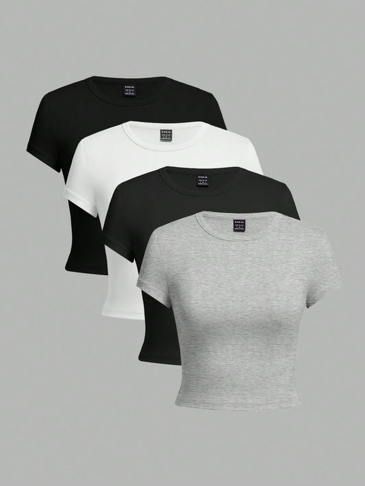 EZwear 4pcs Women's Crew Neck Short Sleeve Tight Fit T-Shirts,Black And White Floral Print Grey Multipack,Summer Casual Everyday Basic Fitted Tops